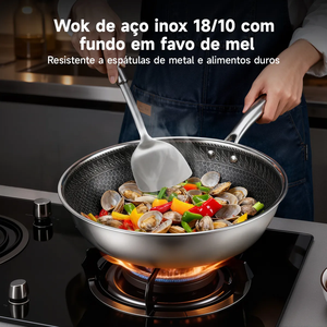 Wok en acier inoxydable triple couche de 32 cm avec revêtement céramique et motif alvéolé gravé, compatible gaz et induction - Product Image 5