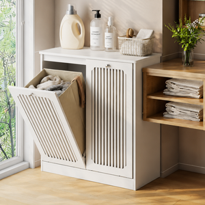 Armadio per lavanderia con ante a ribalta e ripiani a doghe, doppio scomparto per tessuti, per balcone e bagno - Product Image 5