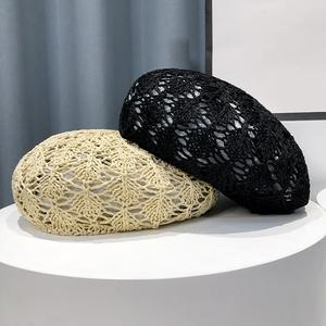 MIO Summer Hollow <span class=keywords><strong>Crochet</strong></span> <span class=keywords><strong>Boina</strong></span> Sombrero Negro Caqui Moda Pintor Sombrero Protección solar Sombrero <span class=keywords><strong>de</strong></span> paja <span class=keywords><strong>Boina</strong></span> <span class=keywords><strong>para</strong></span> mujer - Product Image 3