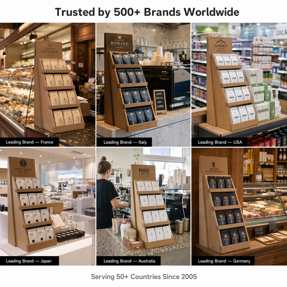 5-Tier Wooden Floor Display Rack Custom Branding Tilted Shelves for Coffee Shop Bakery Retail Merchandising — view 6