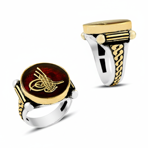 925K Sterling <b>Silver</b> Red Enamel Art Ottoman Tugra <b>Men</b> <b>Ring</b> - Product Image 2