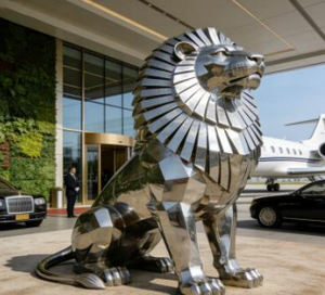 Grande sculpture géométrique de lion en acier inoxydable, poli miroir, statue d'art animalier pour la décoration extérieure de jardins et de places publiques - Product Image 1