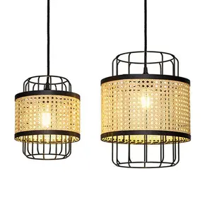 Lámpara de bambú tejida hecha a mano para decoración del hogar, candelabros de ratán y luces colgantes de metal E27, moderna y redonda
