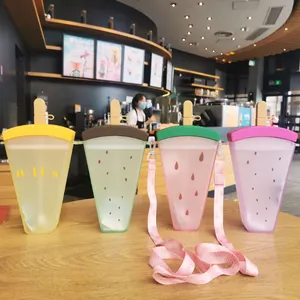 1 Stop Shopping High Quality Cute Watermelon Ice Cream Water Bottle With Straw Popsicle Summer Plastic Portable Water Bottle