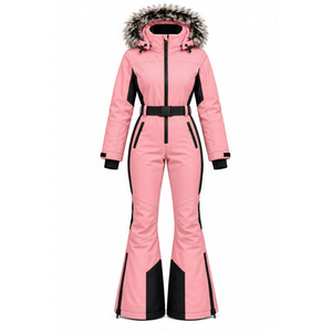 Combinaison de ski imperméable pour femme avec capuche, garniture en fourrure, blocs de couleur et fermeture éclair pour l'isolation - Product Image 1
