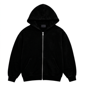 Sweat à capuche zippé noir pour homme en molleton 100% coton, coupe oversize, hiver, poche kangourou, style streetwear décontracté, personnalisable - Product Image 4
