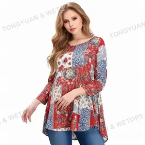 Baju blus atasan wanita Model baru, baju atasan wanita modis, lengan panjang, motif bunga, leher O, Blus tunik kasual, kemeja wanita longgar, ukuran Plus