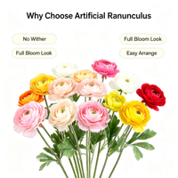 Fleur de Renoncule Artificielle Multicolore Effet Naturel, Tige Unique avec Feuilles Floquées, pour Décoration de Mariage, Fête, Maison, Table et Arrangements en Vase
