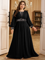 Robe de soirée maxi tendance pour femmes grandes tailles, couleur unie, col rond, manches lanternes, avec décoration en sequins plissés sur le devant