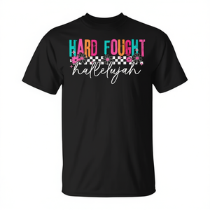 Camiseta con versículo bíblico cristiano Hard Fought Hallelujah, diseño unisex de manga corta en negro - Product Image 2