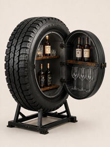 Meuble de bar industriel vintage rustique en forme de pneu, avec casier à bouteilles et porte-verres, pour salon et cave à whisky à domicile - Product Image 1