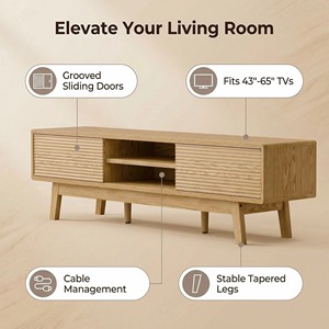 Console <span class=keywords><strong>TV</strong></span> moderne du milieu du siècle de 59 pouces pour téléviseurs de 43/55/65 pouces, meuble <span class=keywords><strong>TV</strong></span> avec portes coulissantes cannelées - Product Image 4