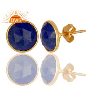 Round Lapis Lazuli Gemstone Earrings 14k Yellow Gold Plated Sterling Silver Fashion Stud Earrings Jewelry Wholesale - Product Image 2