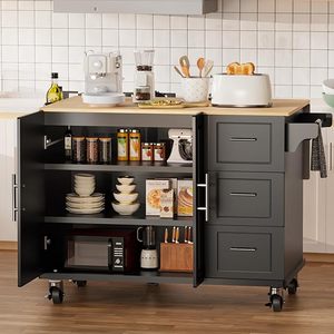 Grand chariot roulant à îlot de cuisine avec 3 tiroirs 1 armoire porte-serviettes à épices-Rangement de table de salle à manger mobile noir - Product Image 1