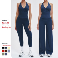 Ensemble de yoga pour femme en Spandex/Nylon uni, transfrontalier, avec pantalon large long très élastique et débardeur à séchage rapide