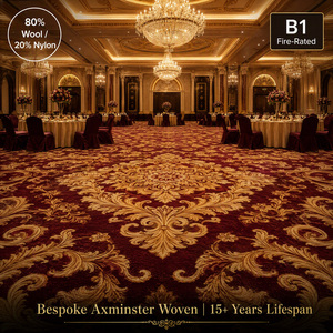 Tapis d'hôtel Axminster sur mesure <span class=keywords><strong>QQ</strong></span>, 80 % laine |   Revêtement de sol de luxe <span class=keywords><strong>en</strong></span> fil 3 plis, haute résistance |   Tapis de salle de bal ignifuge Bfl-s1 - Product Image 1