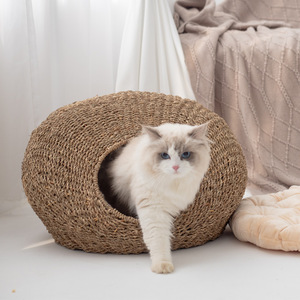 Rattan <b>Cat</b> Bed Oval Shape Straw Weaving Pet Bed For <b>Cats</b> Cooling <b>Mat</b> Handmade Solid Pattern - Product Image 1