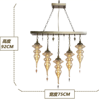 Lustre suspendu linéaire à 5 lumières, style turc vintage marocain, en verre ambré et fer, avec LED, forme bande longue moyenne, pour îlot de cuisine