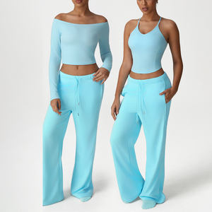 Tuta sportiva Yoga Skinny Fit da <span class=keywords><strong>donna</strong></span> americana con modello solido nuovi <span class=keywords><strong>pantaloni</strong></span> larghi Casual top lunghi bellissima tuta Fitness posteriore - Product Image 5