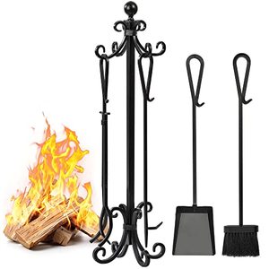 5 Pcs <strong>Fireplace</strong> <strong>Tools</strong> Sets Black Handle Wrought Iron Large Fire <strong>Tool</strong> Set and Holder Outdoor Fireset Fire Pit Stand - Product Image 1