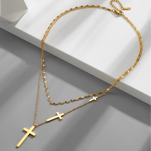 18K PVD Gold Plated Stainless Steel Triple <b>Cross</b> Layered Necklace | Fashion Double <b>Chain</b> Statement Jewelry for Women & <b>Men</b> - Product Image 4