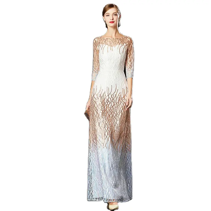 Summer women maxi party dress appliqued mesh white wedding gown
