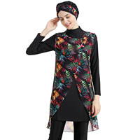 Groothandel OEM op maat gemaakte moslim zwemkleding voor vrouwen, bedrukt 4-delig volledig bedekkend zwempak rash guard burkini met afneembare hijab