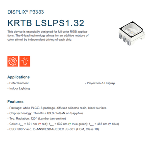 ชิปไฟ LED SMD หลากสี แดง เขียว น้ำเงิน รุ่น KRTBLSLPS1.32 ขนาด 3.3x3.1 มม. ของ OSRAM สำหรับจอแสดงผลเชิงพาณิชย์/อุตสาหกรรม/ค้าปลีก - Product Image 2