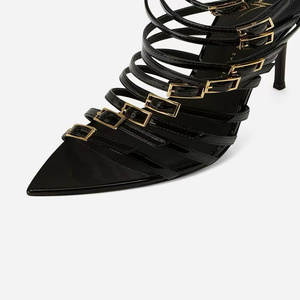 Summer Gold Belt Buckles Sandals High Heels Cut Out Straps Patent Ankle Boots Women's <b>Pointed</b> Toe Short Boots - Product Image 6