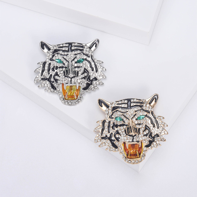 European AmericanAnimals Tiger Head Brooch Lapel Pin Multi Color Rhinestone Tiger Head Brooch for Men