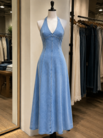 Robe longue en jean pour femme, col en V, dos nu, style licou, coupe trapèze, sans manches, ajustée, décontractée, pour l'été