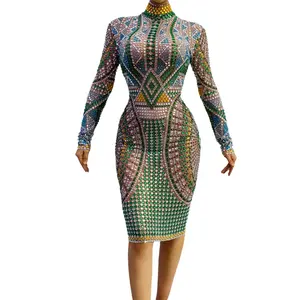 セクシーなアフリカのカラフルなラインストーンスリムフィットバースデーウェディングボールヒップラップドレスカクテルクラブドレス女性フォーマルウエディングドレス