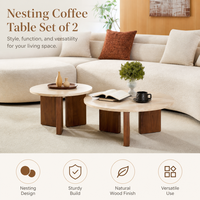 Ensemble de 2 tables basses gigognes modernes en travertin avec base en bois de noyer – Table centrale élégante et minimaliste pour salon