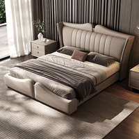 Lit Double King Size de Luxe en Cuir Véritable et Tissu, Style Minimaliste Italien Moderne, pour Chambre Parentale