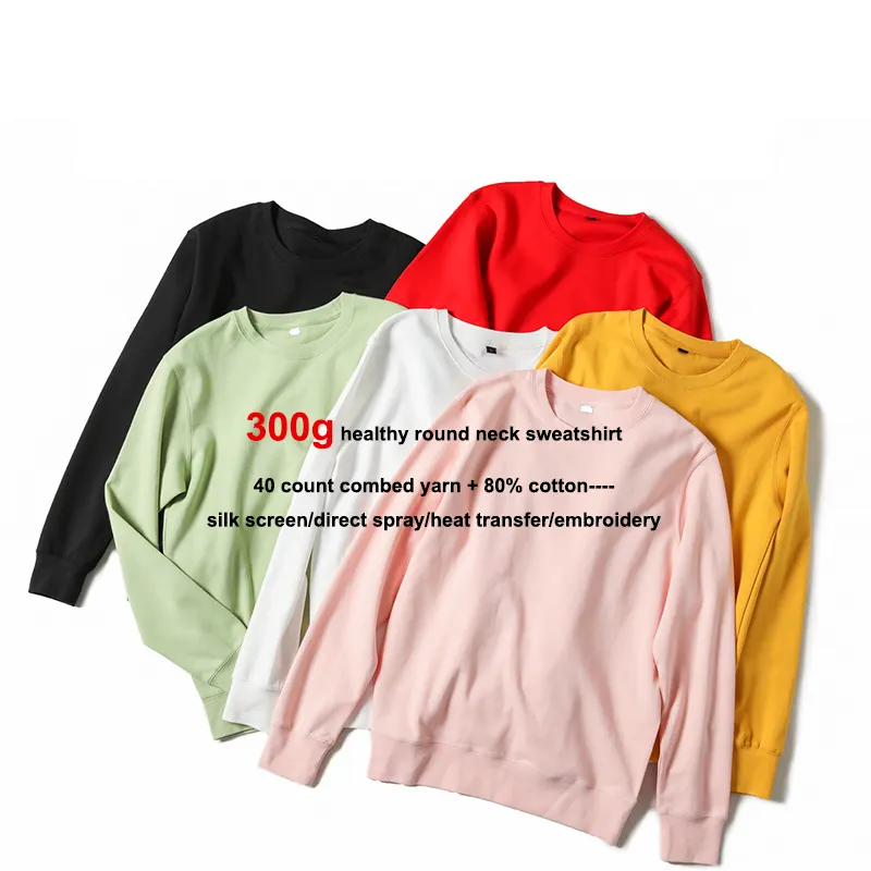 フードなしの高品質300gクルーネックプレーンユニセックスカスタム刺Embroideryスウェットシャツ