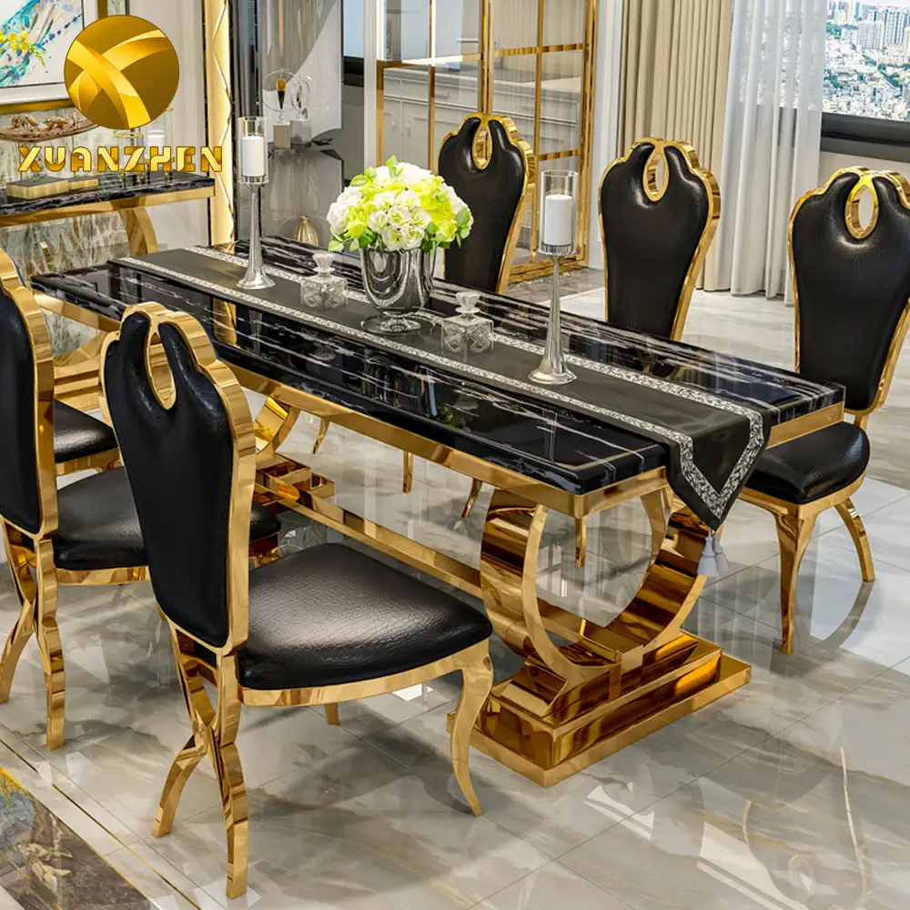 פושאן השיש שולחן אוכל סט מסעדה זהב מתכת יוקרה אוכל שולחן עם 6 כיסאות למכירה DT004