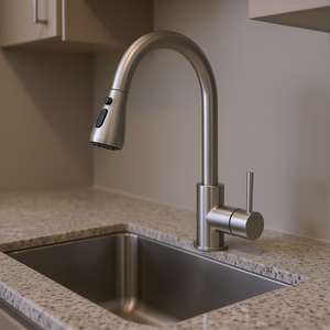 Robinet de cuisine DB à poignée unique, à bec haut, finition nickel brossé, avec douchette extractible, en acier inoxydable, à montage sur comptoir, style contemporain - Product Image 2