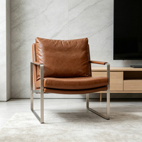 Fauteuil moderne en cuir véritable avec structure en acier et accent en panneau de bois |   Meubles de loisirs pour la maison, le bureau, le salon, l'hôtel