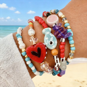 Set di Bracciali Vintage Multicolore con Perline, Design Boho con Cuore, Pesce e Occhio <span class=keywords><strong>del</strong></span> Diavolo, Accessorio per Spiaggia e Vacanze - Product Image 1
