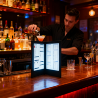En gros, Porte-menu lumineux A4 à 4 faces en similicuir noir, Modèle BL-0067, Fabriqué en Chine, pour liste de prix de bar, utilisation KTV et hôtellerie