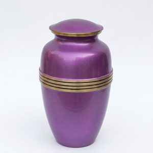 Urna Funeraria de Latón Morado con Banda Dorada, Recuerdo Conmemorativo, Recipiente para Cremación, Impresión de Nombre Personalizada - Artesanía India - Product Image 1