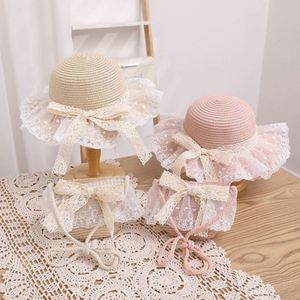 New Children's Straw Hat Girls Summer Large Brim Lace Edge Straw Ribbon Bow <b>Sun</b> Hat and Bag Set - Product Image 5