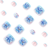 Superbe design floral bleu 3D 3817 pour ongles d'orteil, avec fleurs délicates, faux ongles à presser, ongles artificiels personnalisables