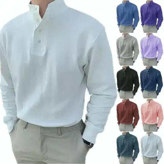 1pcs custom logo multi color knit t shirt mens button collar Gentleman's Simple Basic Stand-up Collar Long-sleeved Polo Shirt