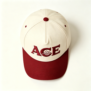 Two Tone Cream Burgundy 5-Panel Baseball <b>Cap</b> ACE <b>Mountain</b> Embroidery Canvas Structured Baseball Hat Adjustable Unisex Casual <b>Cap</b> - Product Image 6