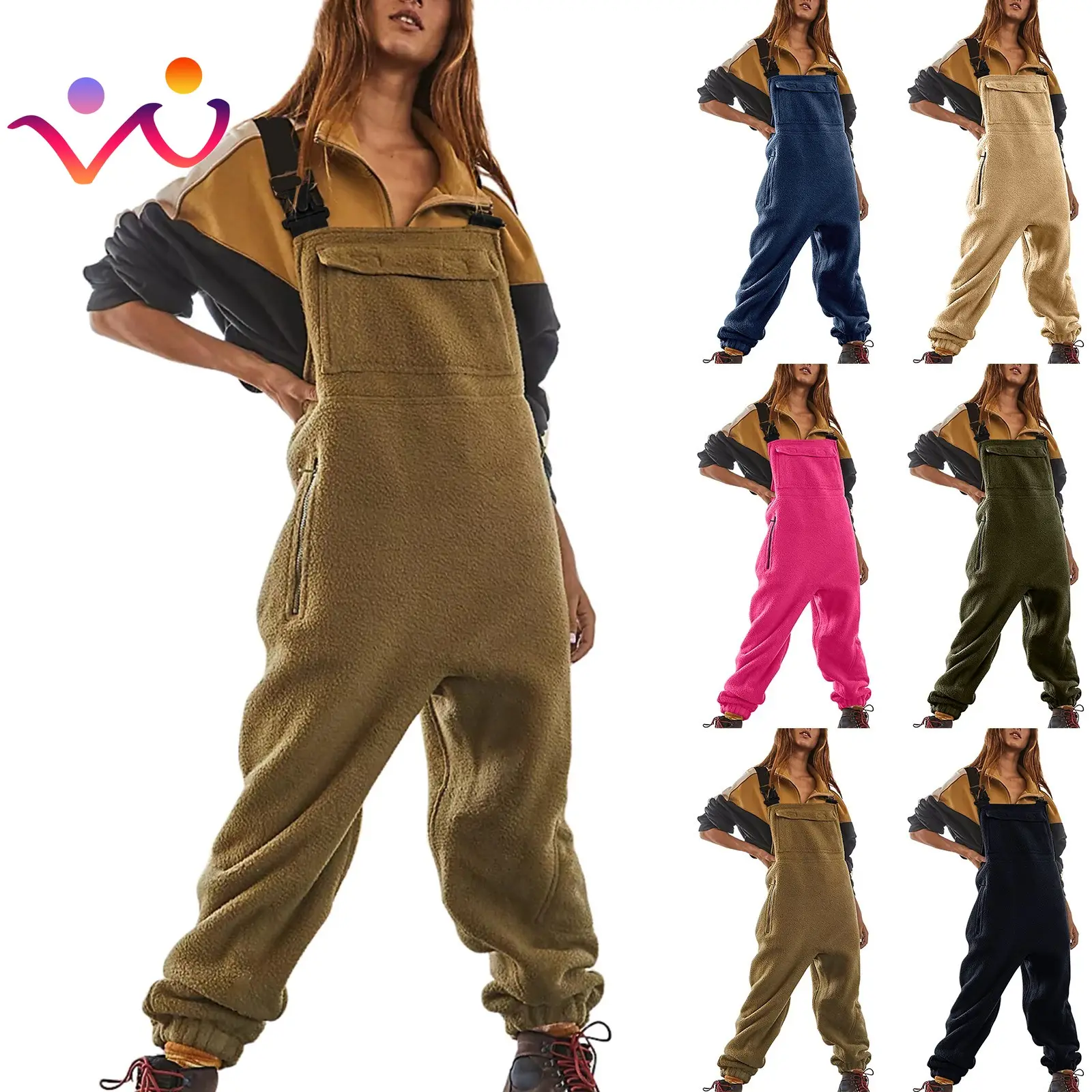 Jumpsuit bulu domba wanita, Jumpsuit satu potong dapat diatur tali Suspender hangat musim dingin Fuzzy celana Ski Jumpsuit satu potong