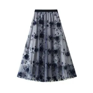 夏の刺繍繊細で高品質のガーゼハーフスカート女性エレガントチュールロングプリーツスカートAラインチュチュレースメッシュスカート
