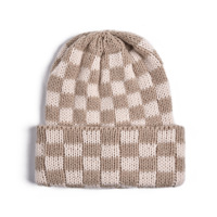 Nouveau bonnet en tricot à carreaux avec broderie de logo personnalisé et patch en cuir, coupe ample et chaude, effet amincissant pour le visage, idéal pour l'automne et l'hiver