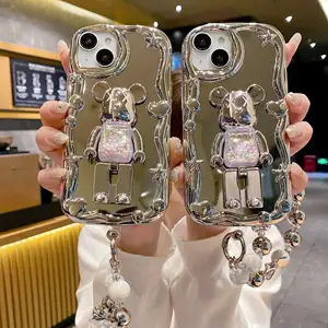 Electroplated mirror for iPhone15pro phone case tide play bear stand iphone 13/14 anti-drop soft shell protection