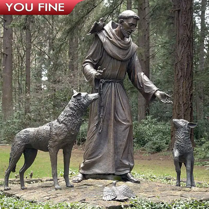Наружная религиозная скульптура для церкви, бронзовая статуя Святого Френсиса с птицей и волком